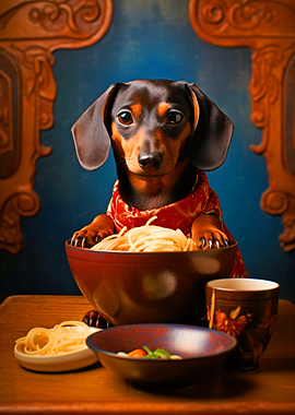 Dachshund Eating Noodles