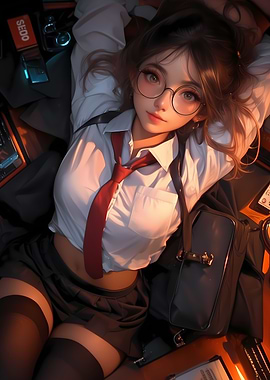 Anime Girl in School Uniform Gaming