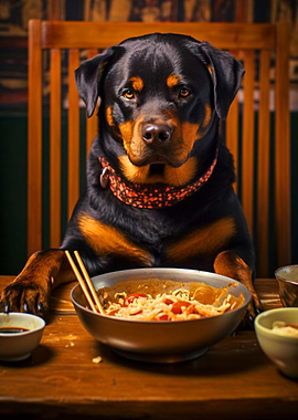 Rottweiler Eating Noodles