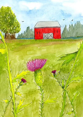Red Barn and Thistle, Watercolor Landscape Illustration