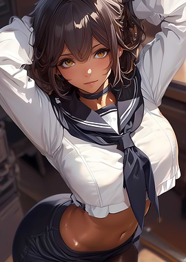 Anime Girl in Sailor Uniform Gaming