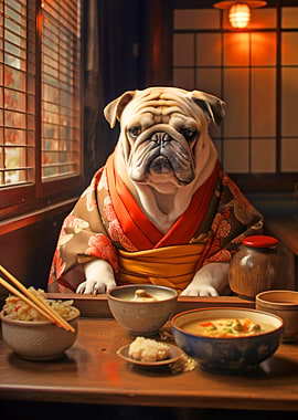 Bulldog in Kimono at Dinner