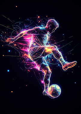 Neon Soccer Star: Dynamic Kick in Flight