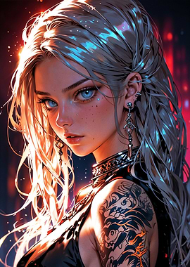 Cyberpunk Warrior with Fiery Tattoo