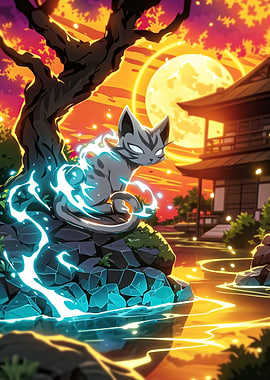 Mystical Cat in Japanese Garden
