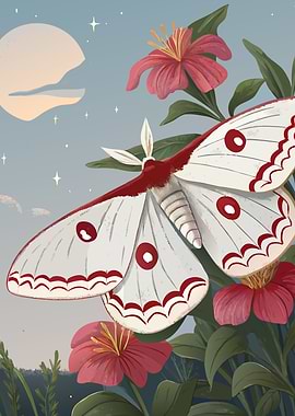 Moon Luna Moth and Flowers