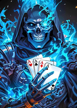 Blue Flame Skull with Aces