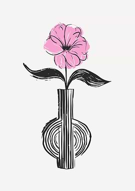 Contemporary Pink Flower in Vase Drawing