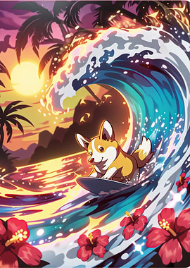 Corgi Surfing Sunset
