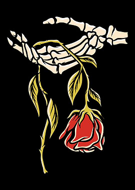 Vintage skeleton hand with a red rose Rocker Funny Halloween Skeleton Hand Rose