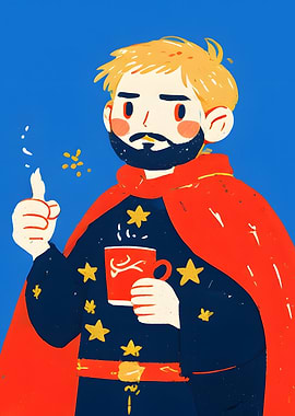 Man with Red Cape and Coffee