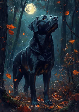 Black Dog in Moonlight Forest
