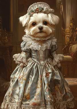 Maltese Dog in Floral Blue Elegance | Victorian pet portrait decor