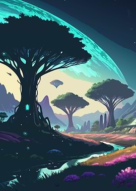 Sci-Fi Alien Landscape with Trees