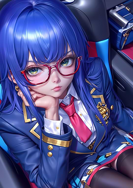 Anime Girl in Blue Uniform Gaming