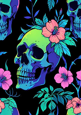Neon Skull Floral Pattern