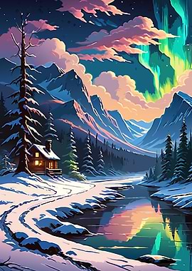 Cabin Under Aurora Borealis