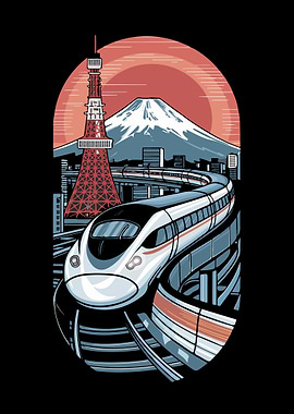 Shinkansen Bullet Train With Tokyo Tower & Mt Fuji