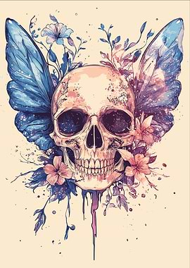 Floral Skull with Butterfly Wings