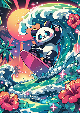 Panda Surfing Sunset