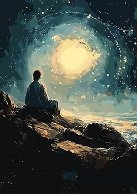 Solitary Figure Under Starry Sky