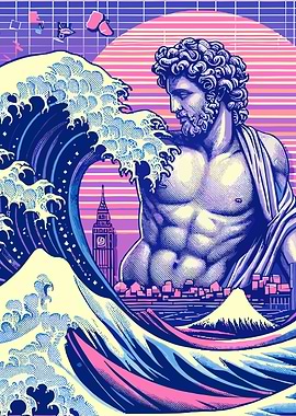 The Great Wave Vaporwave Statue
