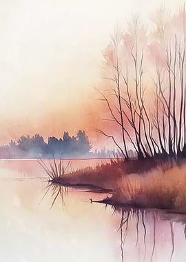 Watercolor Sunset Landscape