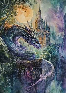 Dragon and Castle Watercolor