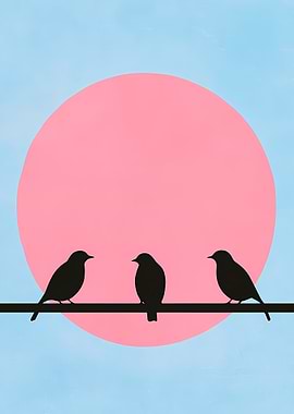 Birds on Wire with Pink Sun
