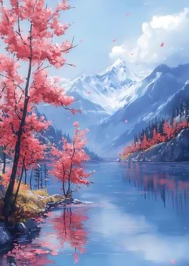 Mountain Lake with Cherry Blossoms Japanese Landscape