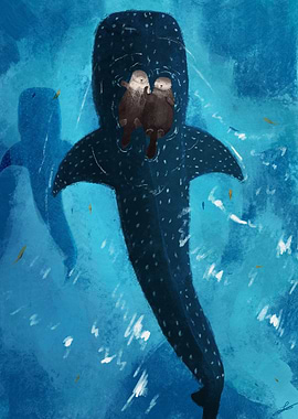 A couple of Otters sleeping and a Whale Shark