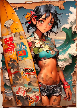 Surfer Girl with Tattoos