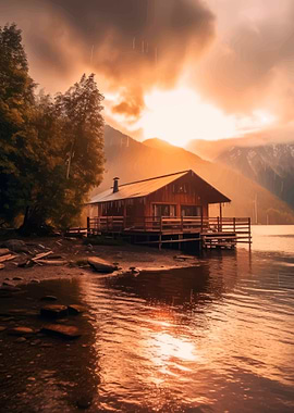 Cabin by the Lake at Sunset