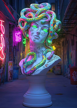 Medusa Bust Neon Graffiti