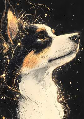 Dog Corgy with Golden Sparkles