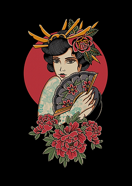 Geisha with Fan and Flowers