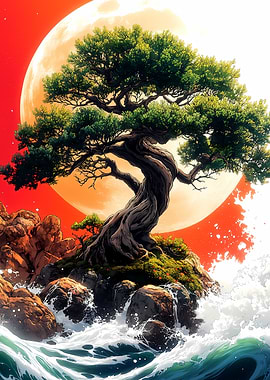 Bonsai Tree Under Red Moon Japanese Landscape