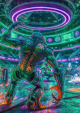 titan and girl fighting in a cyberpunk arena