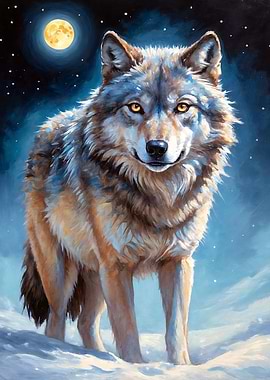 Mystical Gray Wolf Under Moonlight