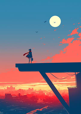 Silhouette Girl Sunset Cityscape