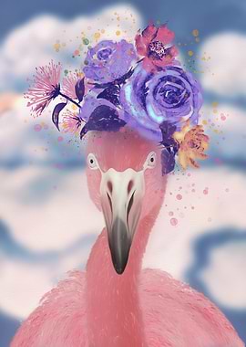 Pink Flamingo with Floral Crown