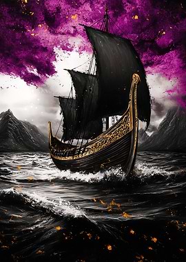 Black Viking Ship on Stormy Sea