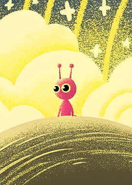 Cartoon Pink Alien on a Hilltop