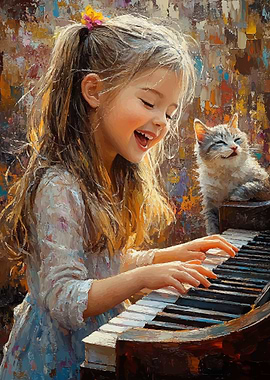Girl Playing Piano with Cat