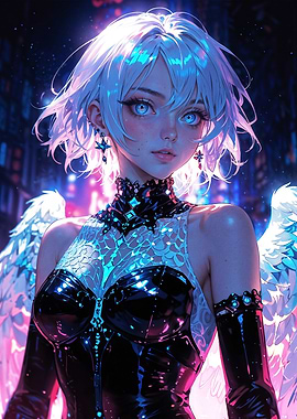 Celestial Neon Angel in Futuristic Nightscape