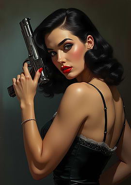 Brunette Femme Fatale with Gun Pinup Pulp Art