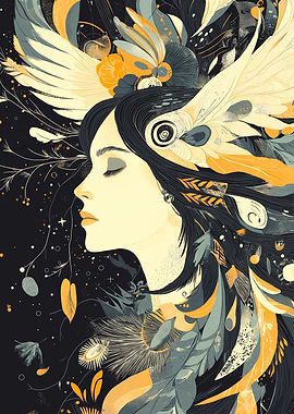 Woman with Feathers and Flowers