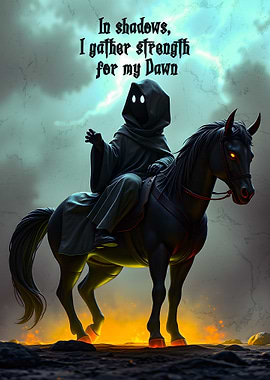 Shadow Rider in a cosmic robe waiting for light sitting on an evil horse