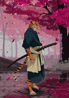 Tiger Samurai in Cherry Blossoms