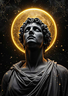 Stone Head Ancient Sculpture With Stars And A Golden Halo